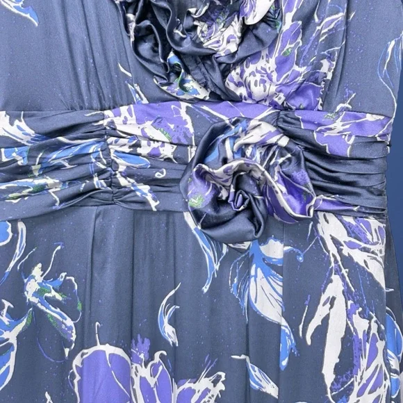 Y2K ECI Silk Floral Rosette Dress 8 Purple Blue Fluid Satin Finish Wedding Guest - Picture 4 of 12